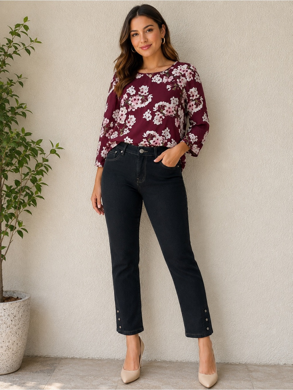 Annie Black Ankle Straight Jeans with Hem Snaps